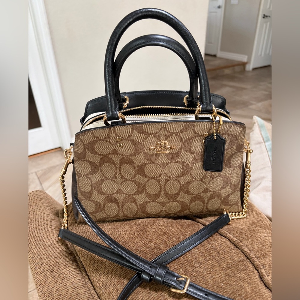 Coach Mini Lillie Carryall In Signature Canvas & Leather Chain Khaki Brown.